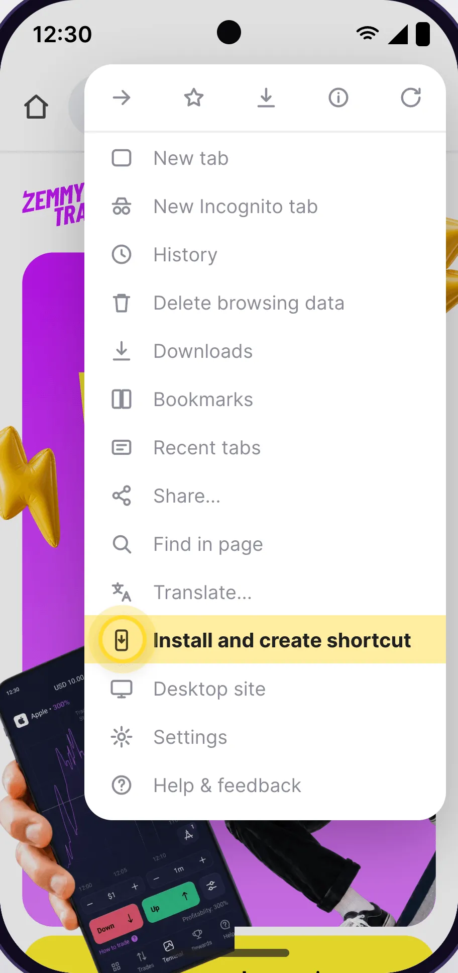 Chrome menu with Install and create shortcut