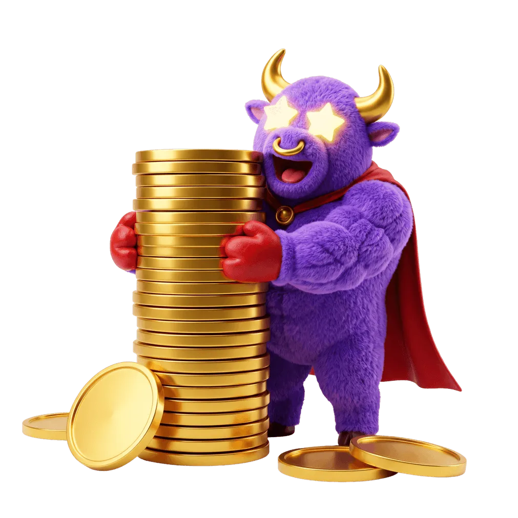 Maskot ungu Zemmy Trade dengan koin
