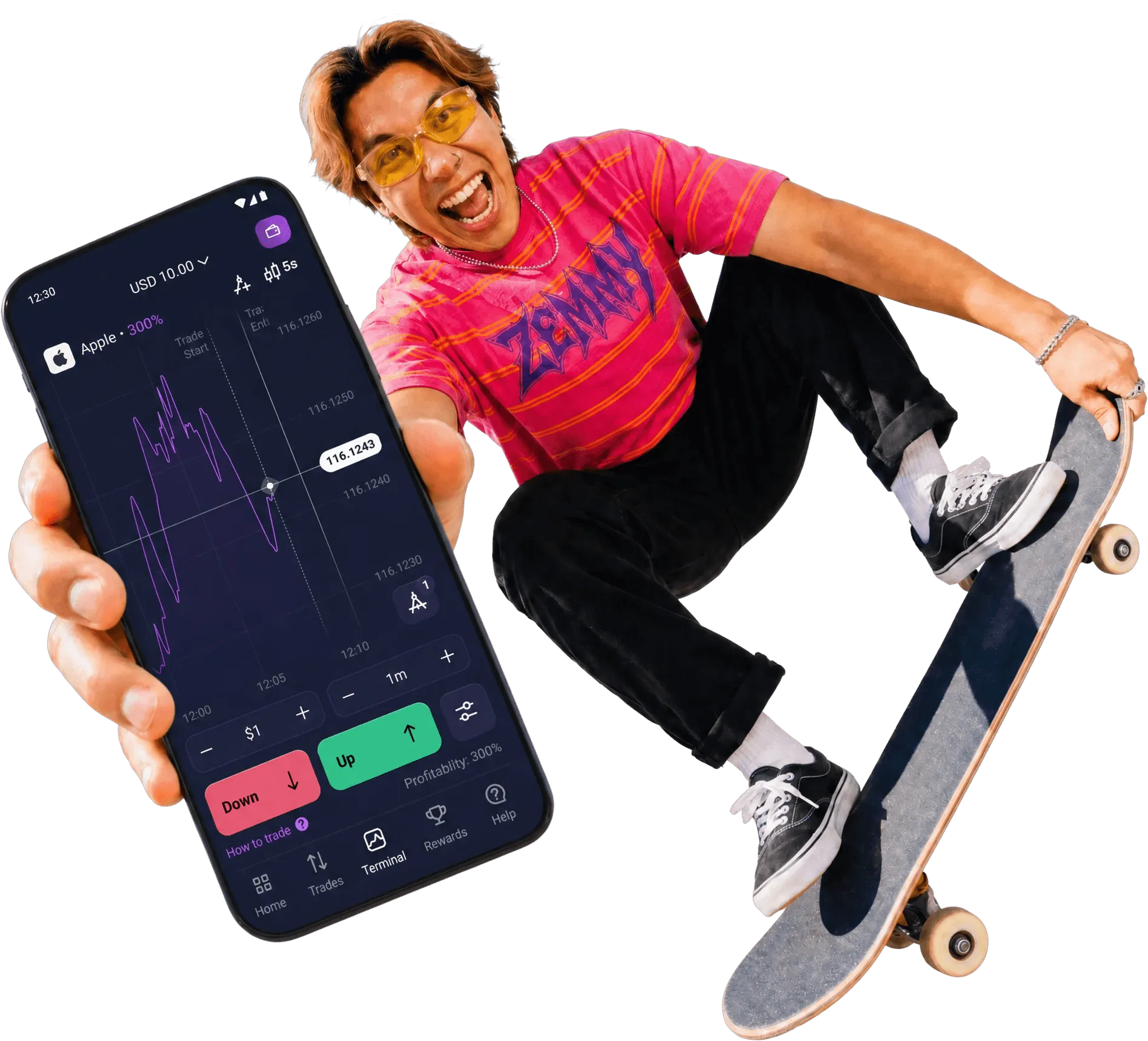 Excited young man in a pink Zemmy T-shirt jumping on a skateboard and holding out a phone with the Zemmy Trade app