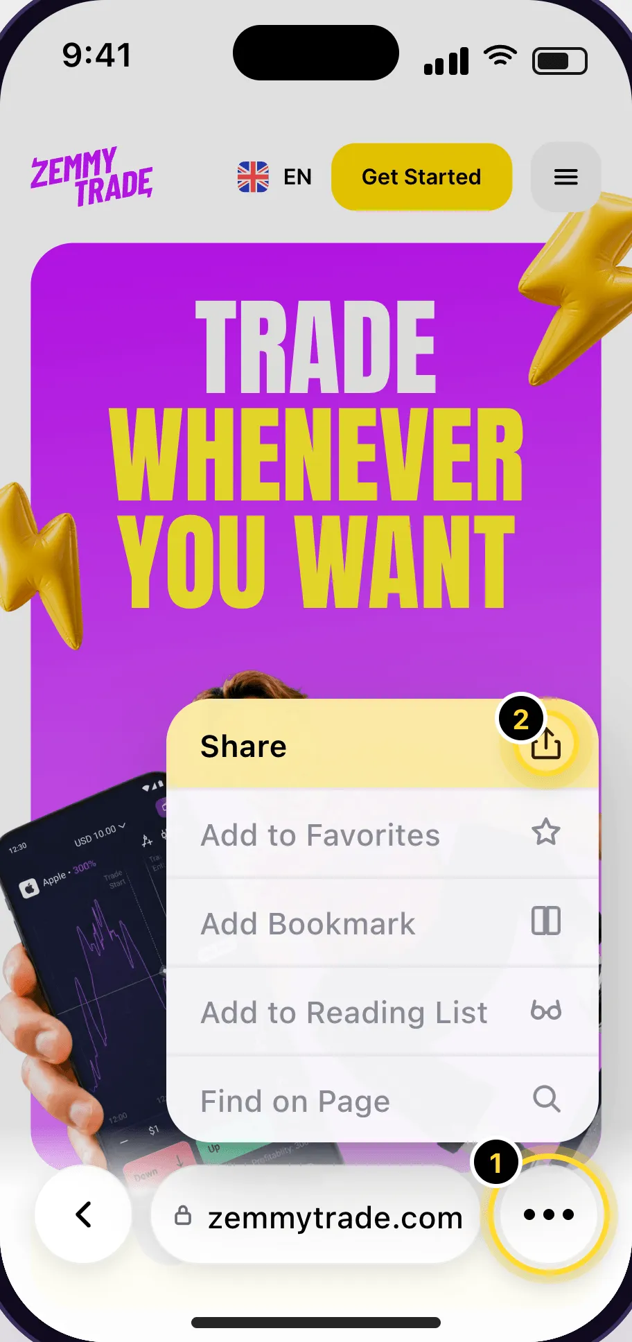 Safari menu with the Share option on an iPhone