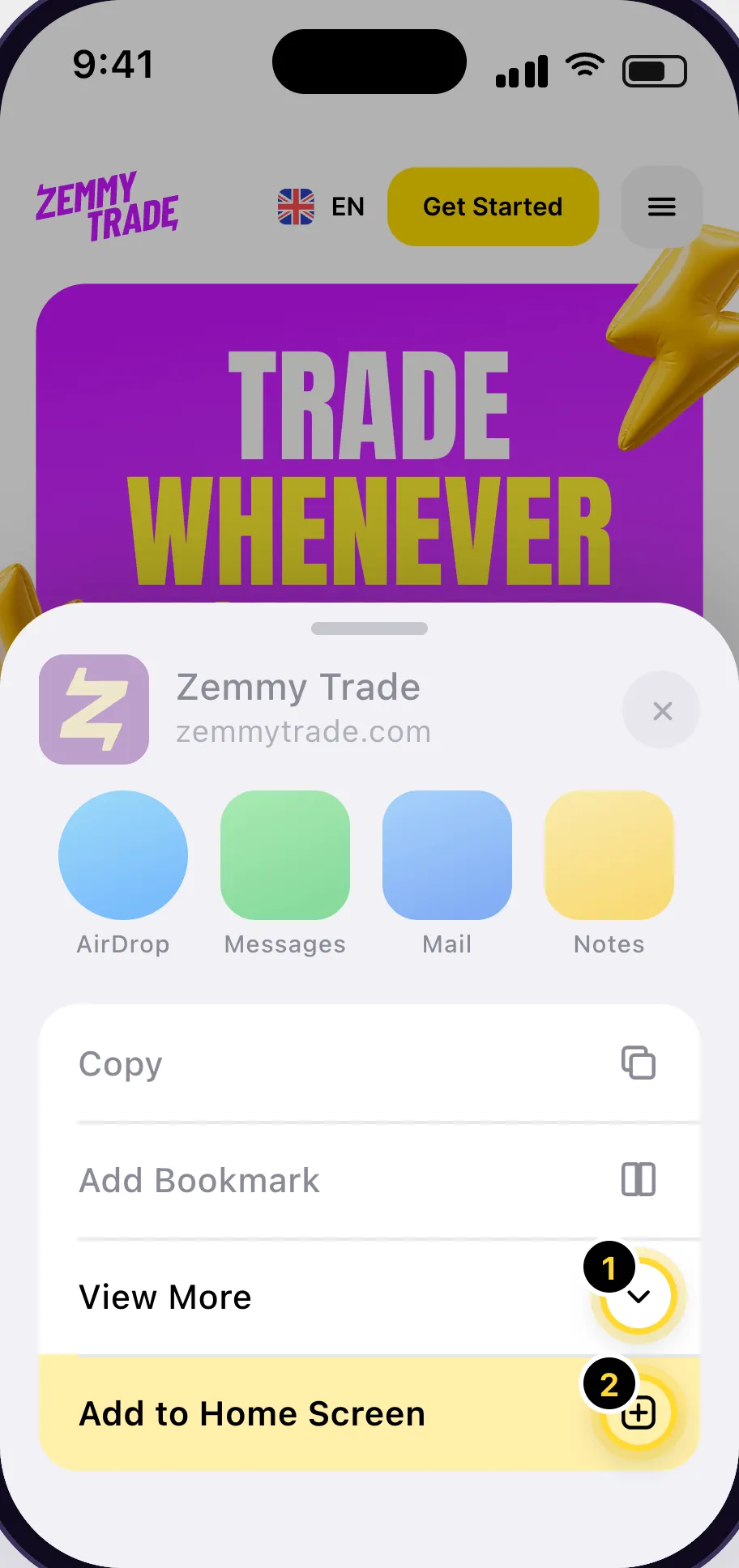 iPhone share sheet with Add to Home Screen