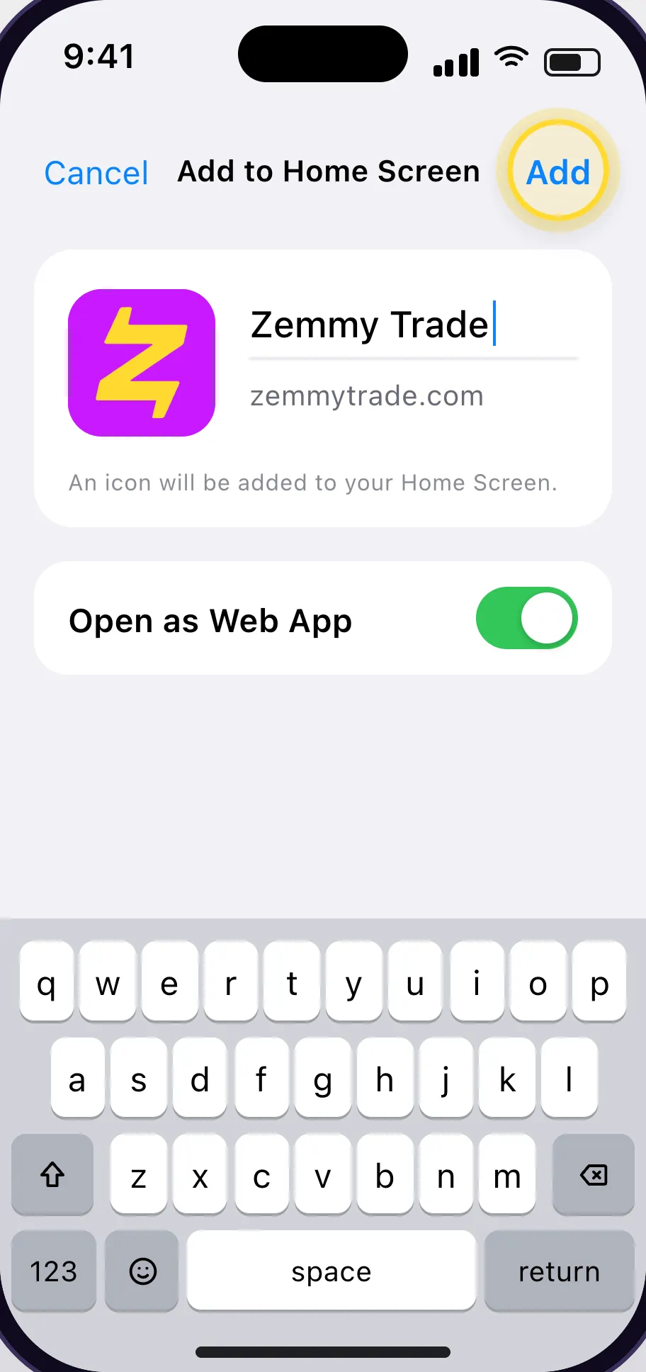 Add to Home Screen dialog with Open as Web App switched on